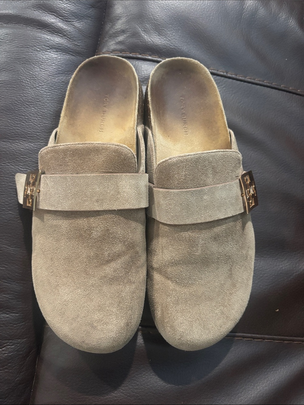 Tory Burch Taupe Suede Slide Mules with Gold Logo Accent